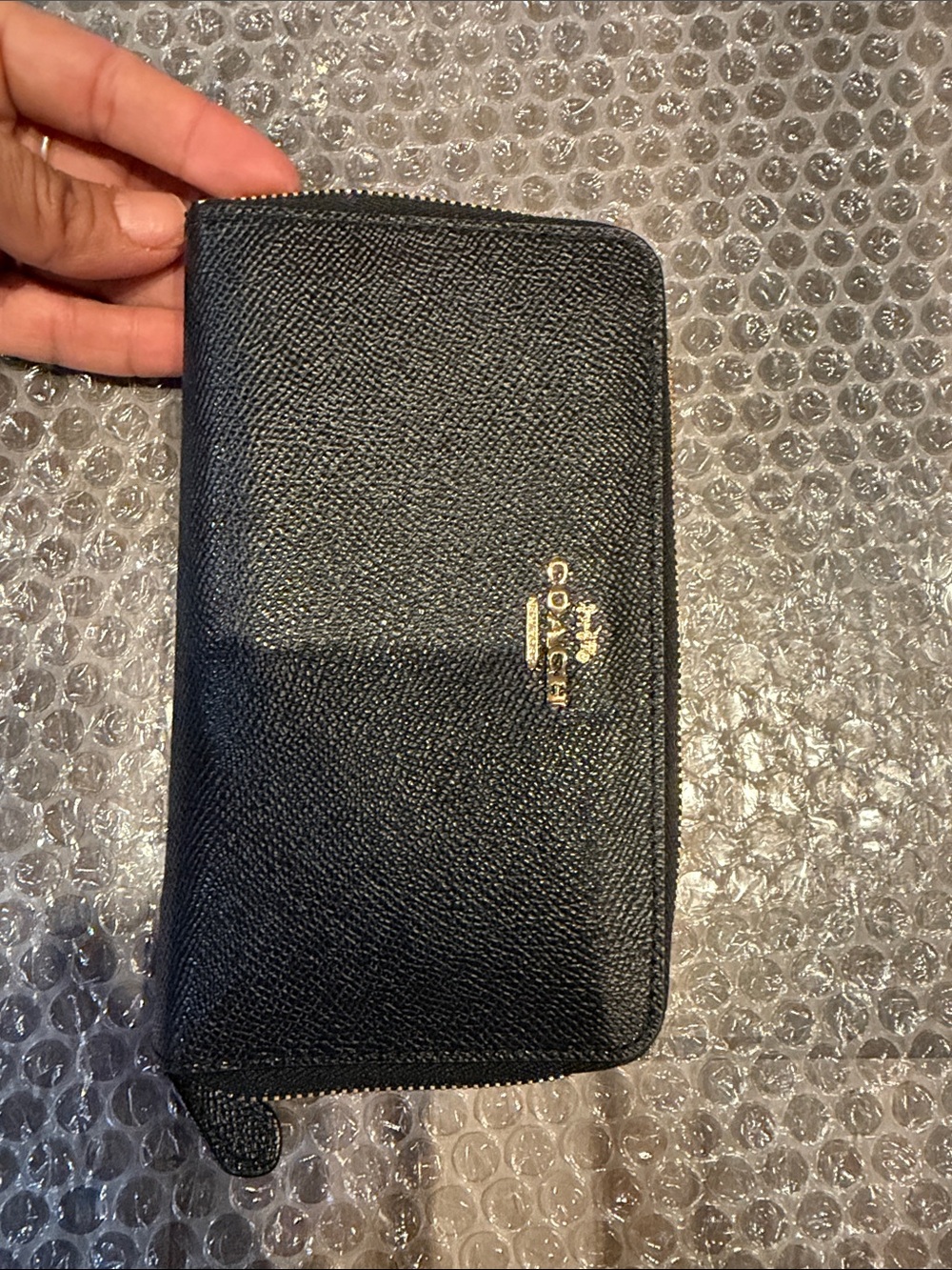 Coach Black Zip-Around Leather Wallet with Gold Logo
